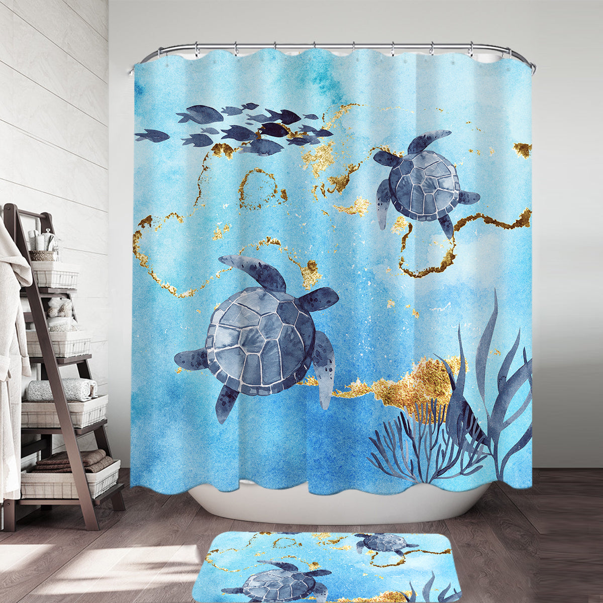 Golden Sea Turtle Bay Shower Curtain - Waterproof Bathroom Decor with Ocean Theme - Perfect for Beach House, Coastal Bathroom or Nautical Themed Home Decor
