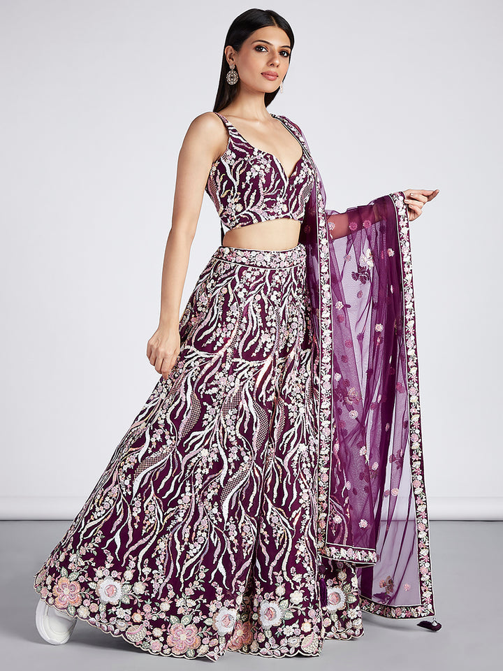 Burgundy Multi Sequins & Thread Work Embroidery Net Lehenga Choli Set for Women - Indian Party Wear, Wedding, Festive Occasions, Diwali, Reception Outfit (D433) | Elegant Traditional Attire for Special Celebrations