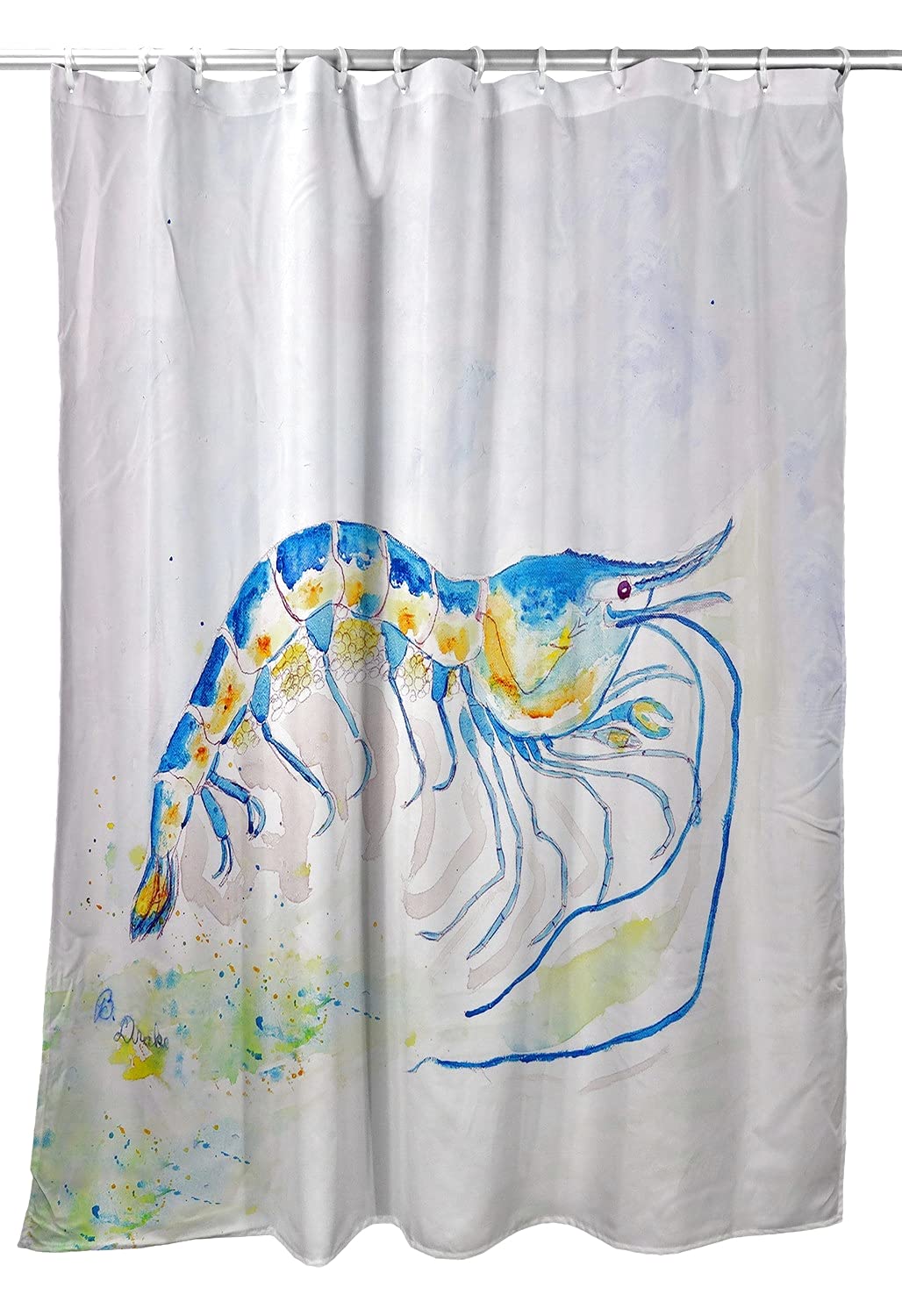 Betsy Drake Blue Shrimp Shower Curtain - Waterproof Bathroom Decor with Hooks, Coastal Theme for Beach House & Nautical Bathroom Design