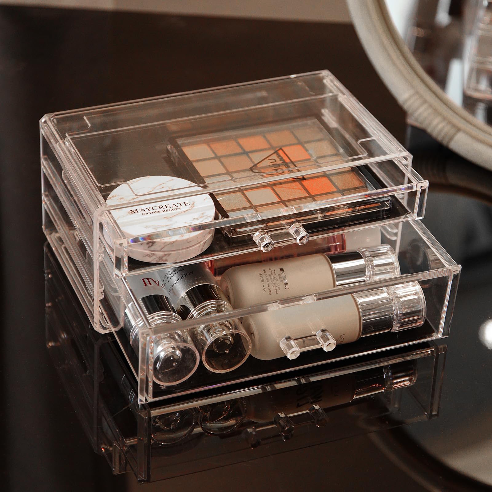 3-Pack Clear Acrylic Makeup Organizer with 7 Stackable Drawers - Skincare & Jewelry Storage for Vanity, Desk, Bathroom Countertop | Perfect for Hair Clips, Beauty Products & Cosmetics Organization