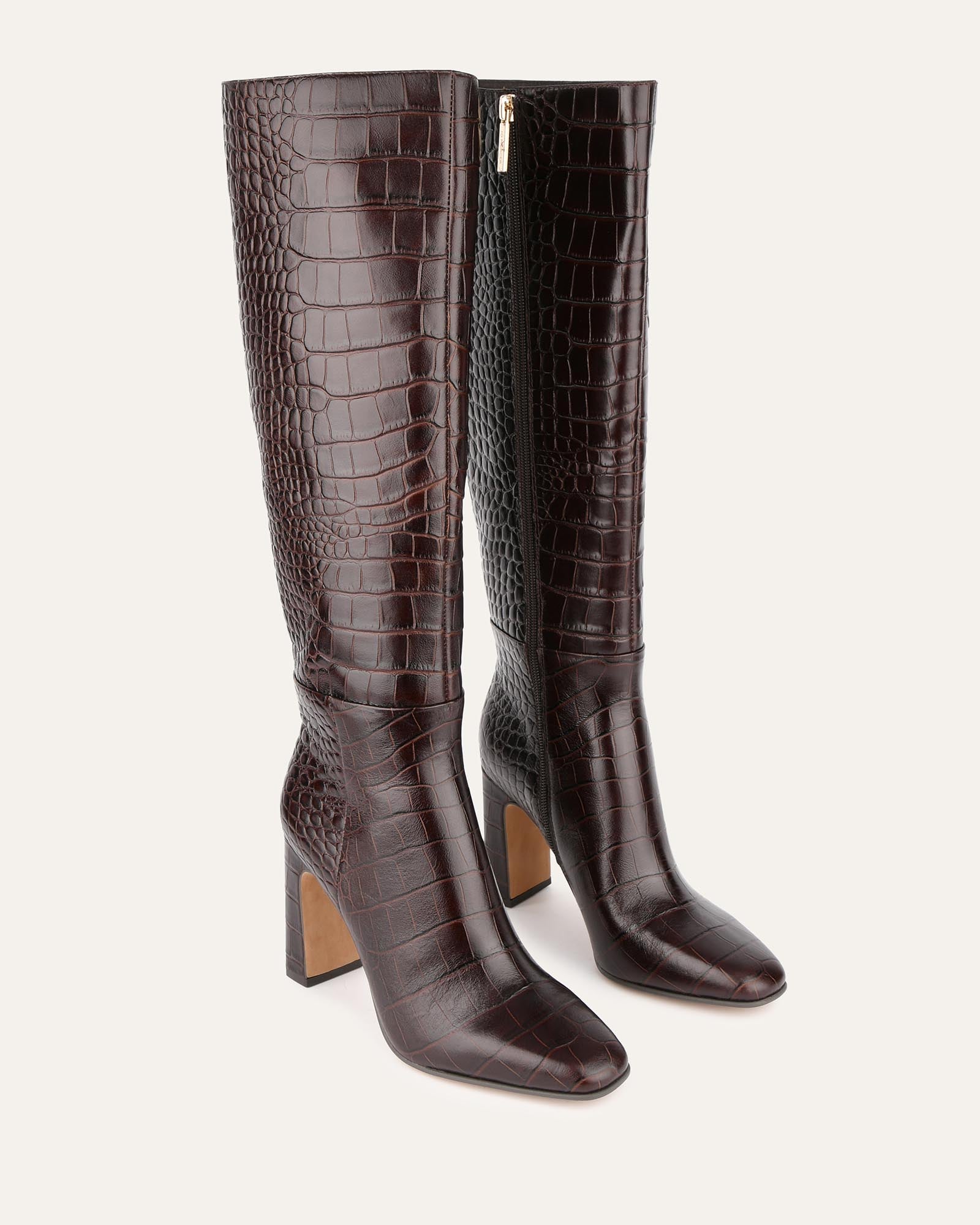 STORMI Women's Knee High Boots in Chocolate Croc Embossed Leather - Stylish & Comfortable for Fall, Winter & Outdoor Activities