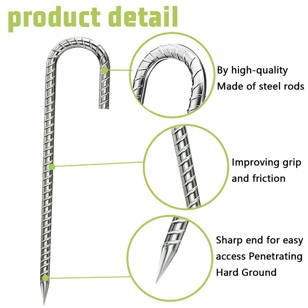 12-Inch Heavy Duty Galvanized Rebar Stakes - J-Hook Ground Anchors for Garden Fence, Dog Run & Chicken Coop | Rust-Resistant Metal Stakes for Christmas Decorations & Deer Fencing (4-Pack) - Perfect for Outdoor Use & Yard Security