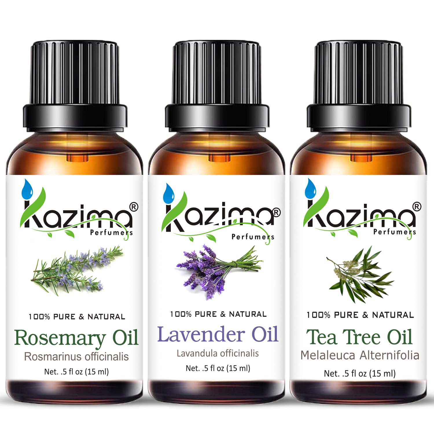 KAZIMA Essential Oils Set - 100% Pure Rosemary, Lavender & Tea Tree Oil for Aromatherapy, Skin & Hair Care (3 x 15ml) | Perfect for Diffusers, Massage & DIY Beauty Products