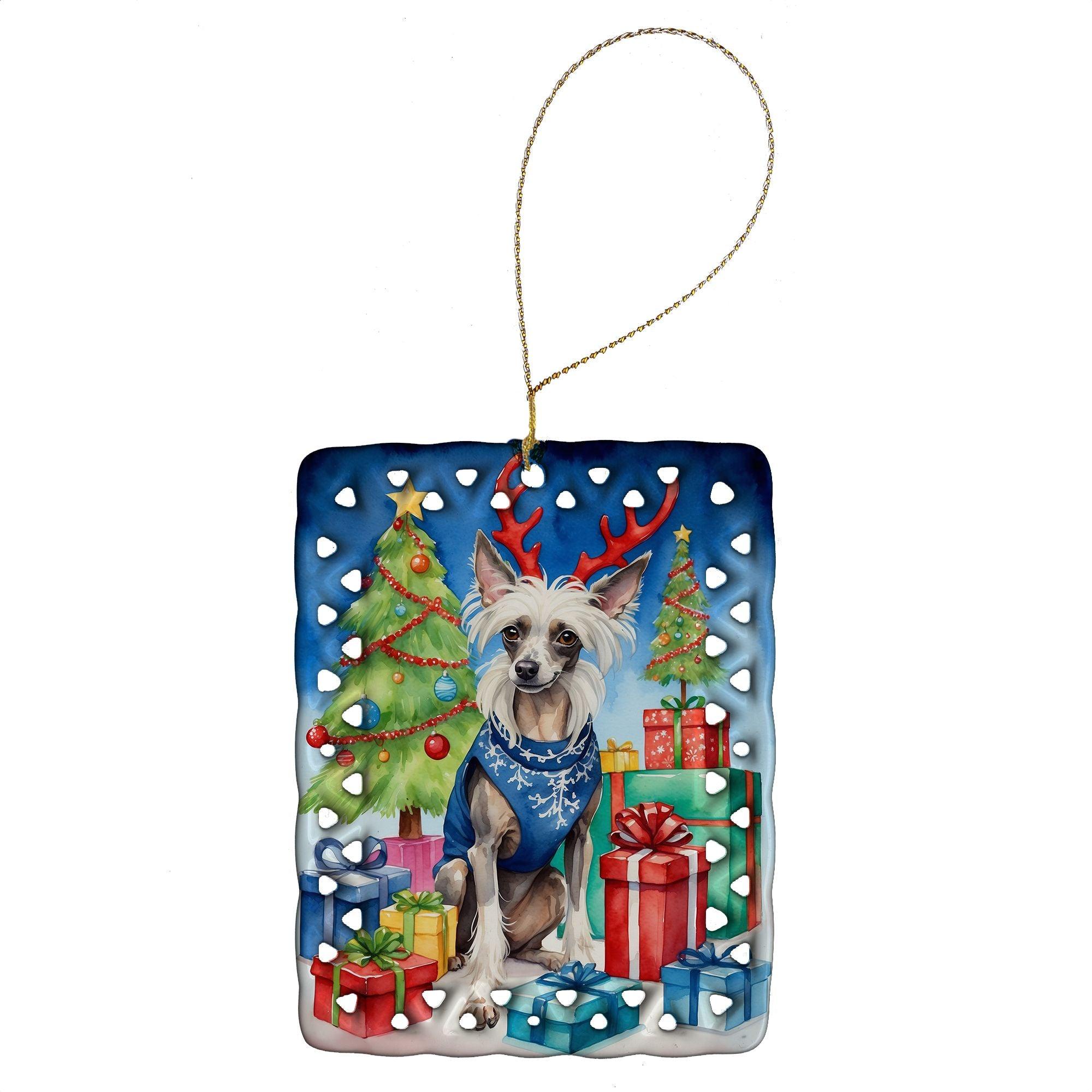 Chinese Crested Christmas Reindeer Porcelain Ornament - Handcrafted Holiday Tree Hanging Decor for Home, Festive Rectangle Gift in Multicolor | Perfect for Christmas Tree Decorations, Holiday Party Favors & Seasonal Home Décor