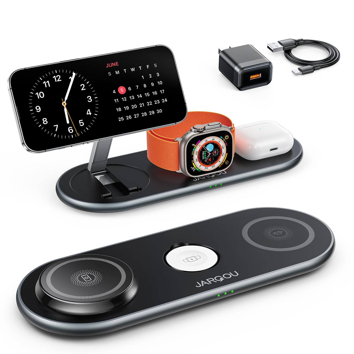 3-in-1 Magnetic Wireless Charging Station for iPhone 15/14/13/12 Series, Apple Watch & AirPods - Foldable Magsafe Charger Stand with Fast Charging | Perfect for Home, Office & Travel (Black)