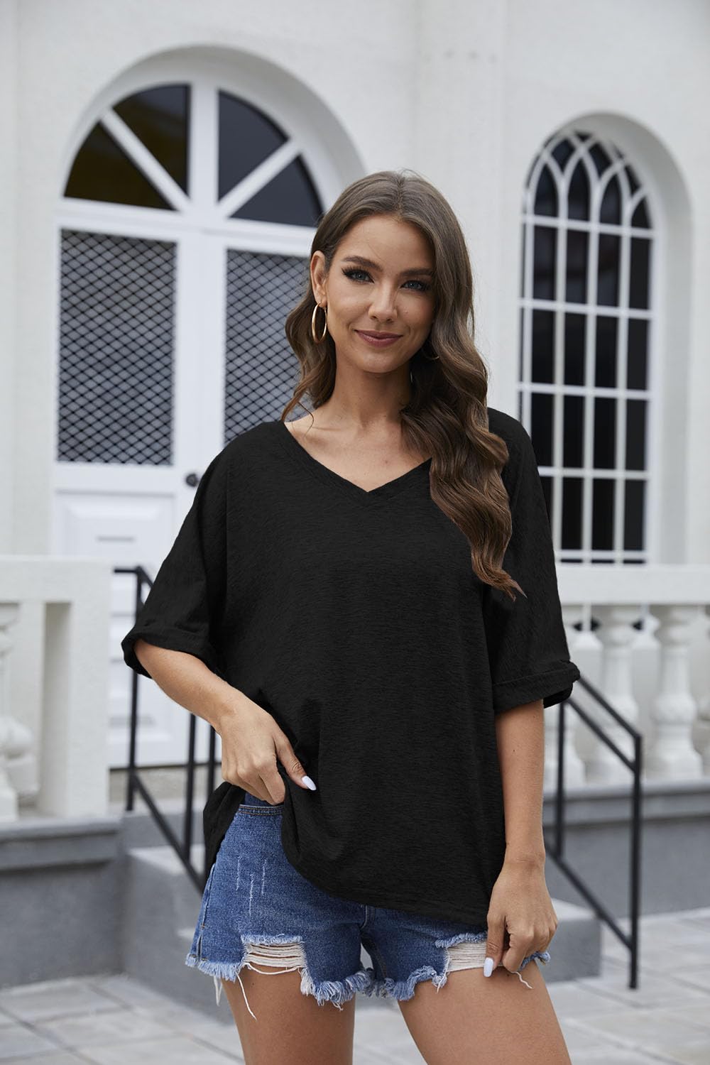 UNCLECAT Women's V Neck Oversized T-Shirts - Soft Summer Short Sleeve Casual Tee Shirt for Women - Perfect for Beach, Travel & Everyday Wear