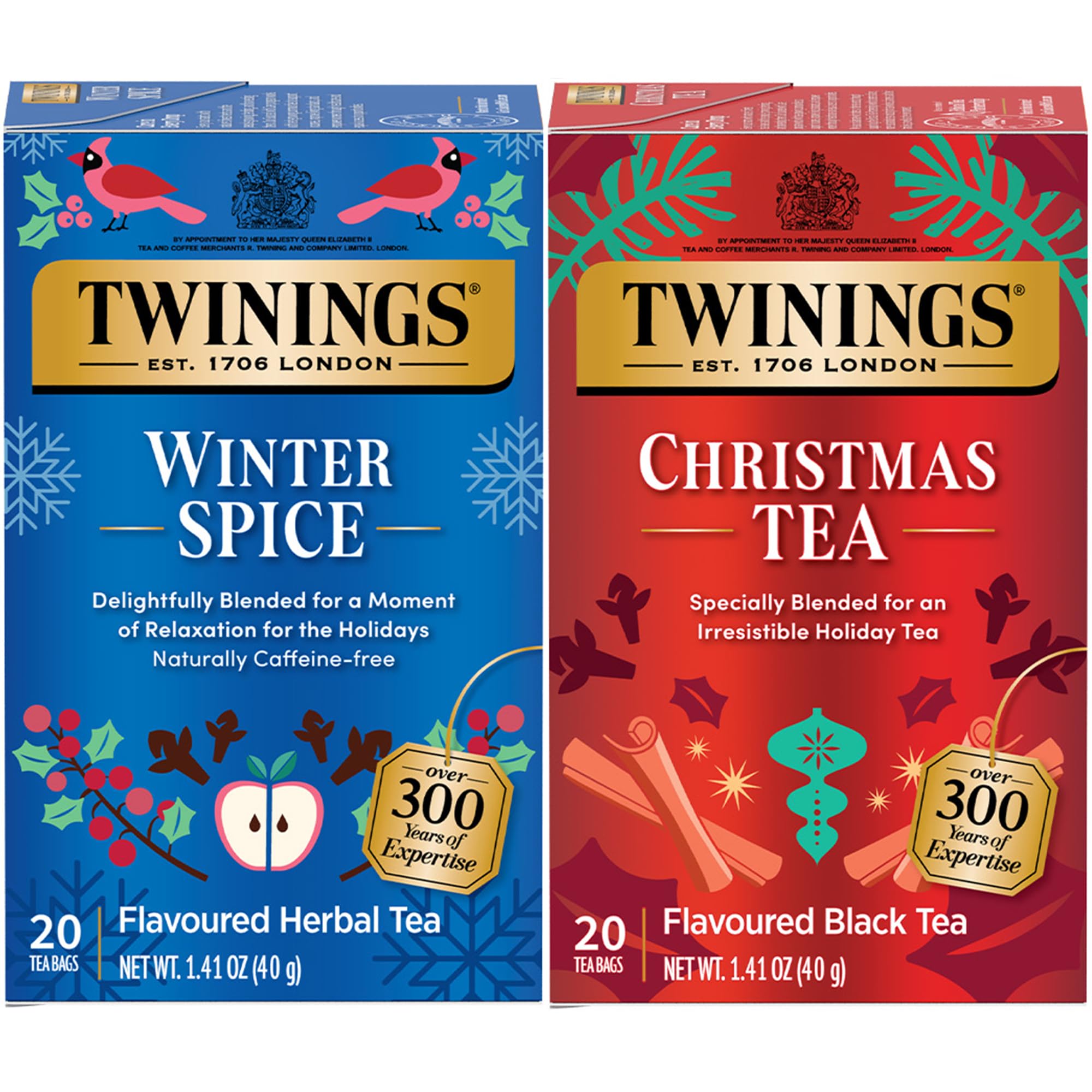 Twinings Holiday Sweet & Spicy Tea Variety 2-Pack - Caffeinated Christmas Black Tea & Caffeine-Free Winter Spice Herbal Tea | 40 Tea Bags Total (20 Each) | Perfect Christmas Gift & Cozy Winter Beverage for Family Gatherings, Office Parties & Relaxing Evenings by the Fireplace