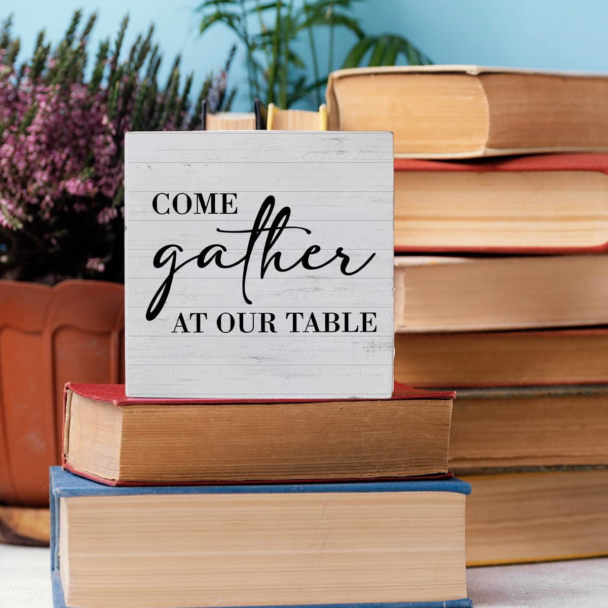 Rustic Wooden Box Sign - 'Come Gather At Our Table' - Farmhouse Kitchen Decor, Housewarming Gift, Dining Room & Shelf Decoration - Perfect for Home, Kitchen, and Table Settings