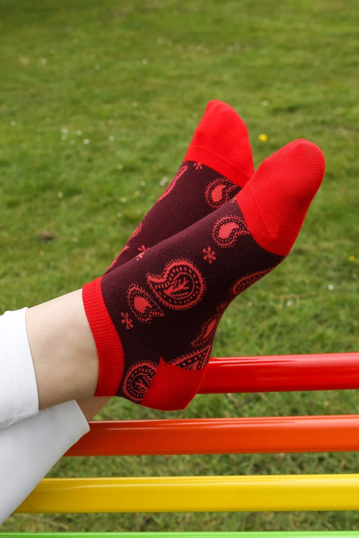 Organic Cotton Paisley Women's Trainer Socks - Burgundy Red | Comfortable Athletic Socks for Running, Yoga & Casual Wear