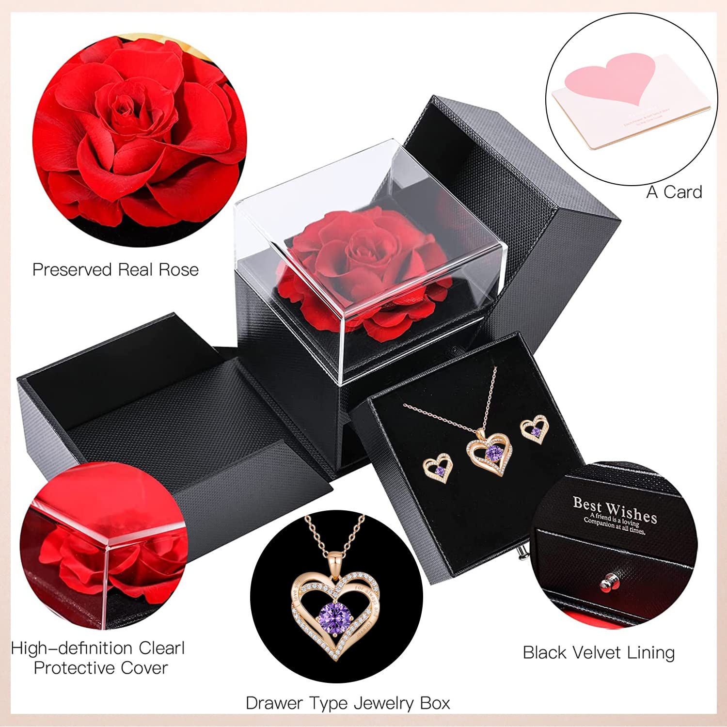 Forever Preserved Rose Love Box - Eternal Roses Necklace & Earring Set for Valentine's Day, Birthday, Anniversary - Romantic Gifts for Women - Perfect for Date Nights, Proposals & Special Occasions