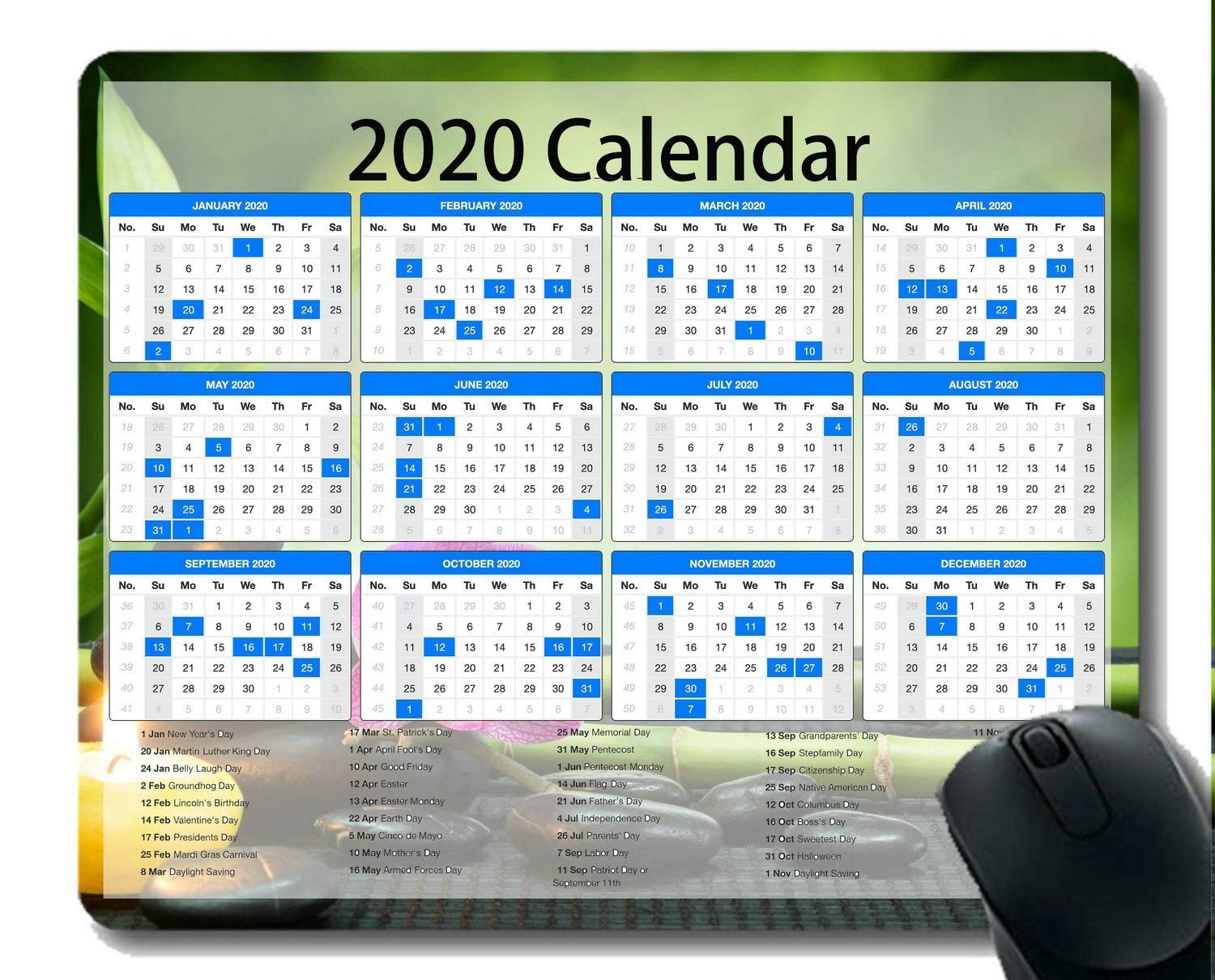 2020 Calendar Mouse Pad with Important Holidays - Non-Slip Desk Mat, Zen Flower Candle Still Life Design & Stitched Edge - Perfect for Office, Home Computer Workstation & Gaming Setup