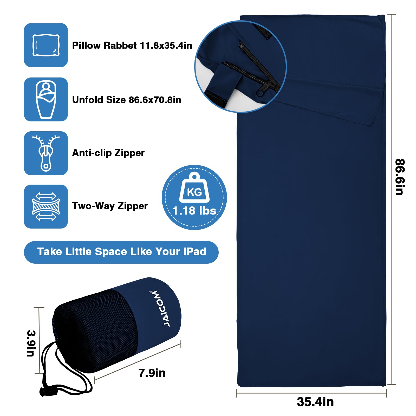 Lightweight Sleeping Bag Liner with Two-Way Zipper - Expose Feet Separately | Travel Sheet for Camping, Backpacking, Hotels & Hostels | Perfect for Outdoor Adventures & Business Trips