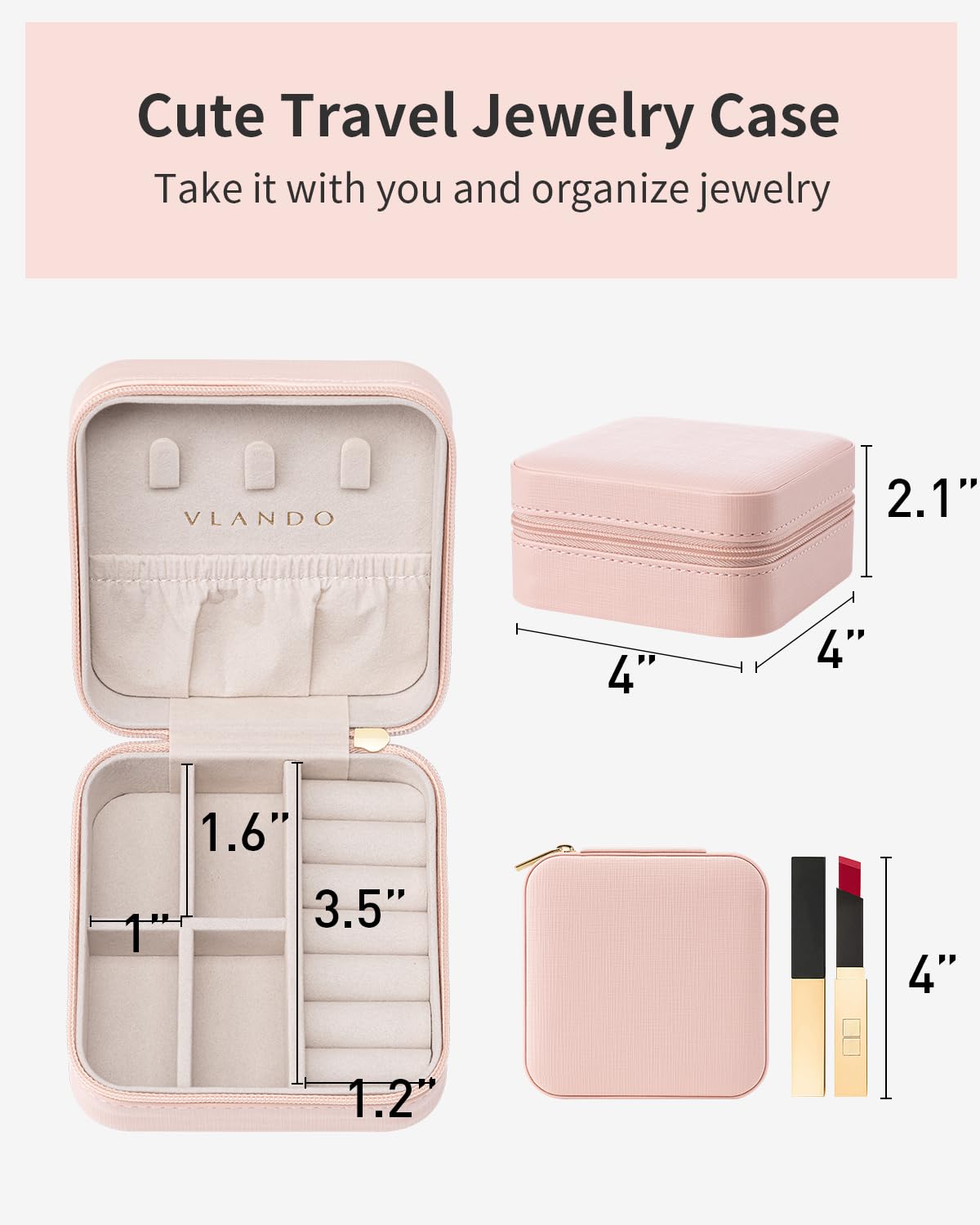 Vlando Pink Travel Jewelry Organizer Box - Portable Jewelry Case for Women & Girls, Perfect for Travel, Gifts, Christmas & Daily Storage | Compact & Stylish Jewelry Holder for Necklaces, Rings & Earrings