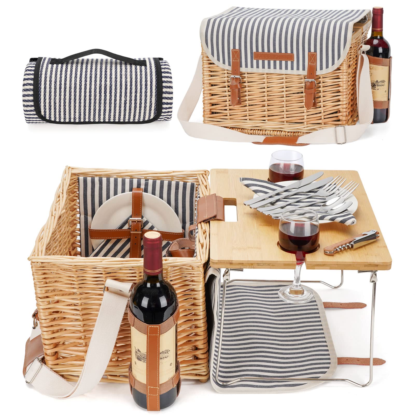 Premium Wicker Picnic Basket for 2 with Detachable Table - Wine Holder & Complete Tableware Set - Perfect for Outdoor, Wedding, Anniversary Gifts - Great for Beach, Park, Camping & Romantic Dates