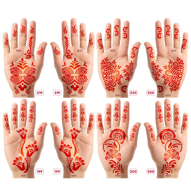 Apcute Henna Stencil Sticker for Girls, Women & Kids - Easy to Use Mehndi Tattoo Stencil Kit (Set of 8 Pieces) - Designs No. 219, 220, 199, 200 - Perfect for Weddings, Festivals & DIY Body Art