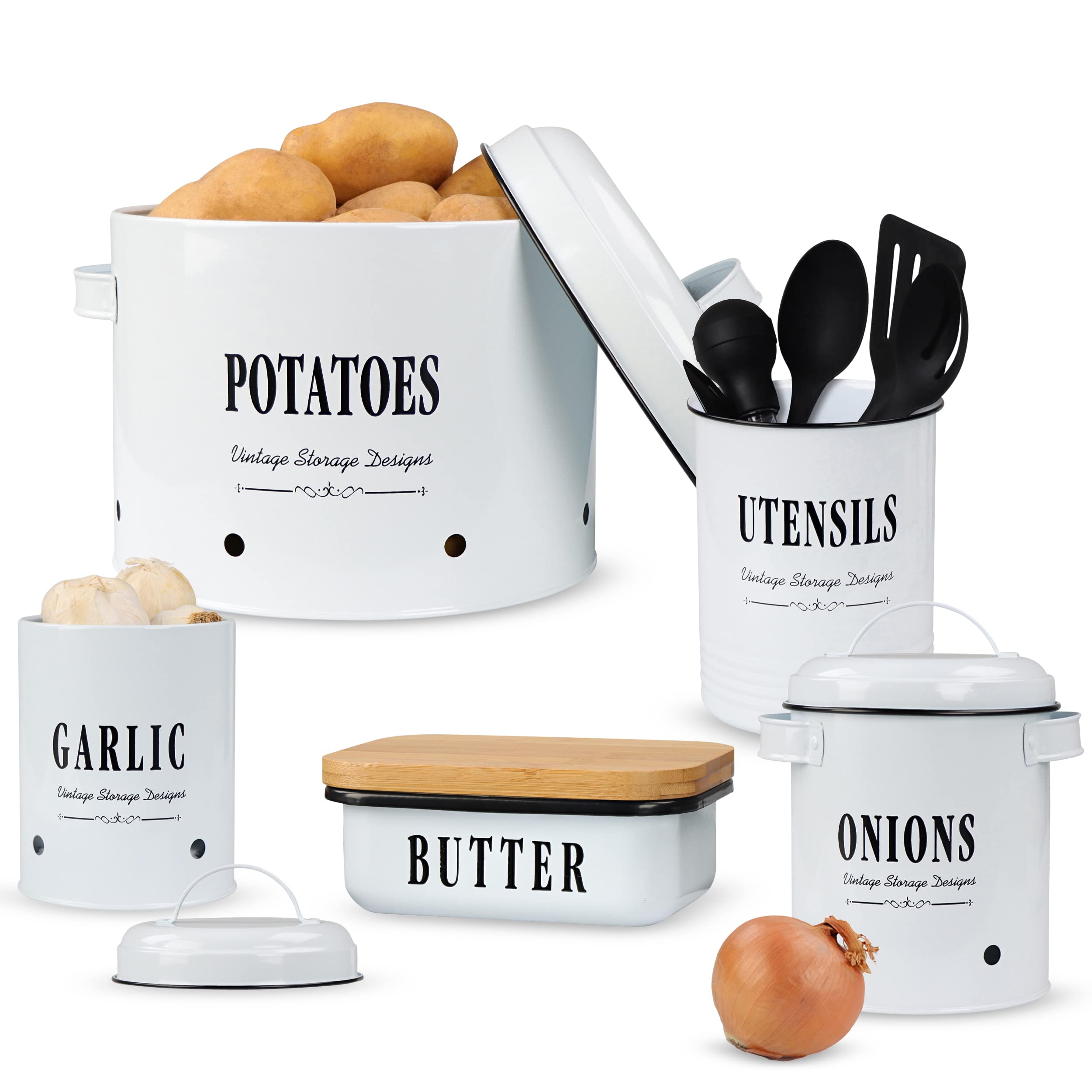 7-Piece White Rustic Farmhouse Kitchen Utensil Holder Set with Butter Dish & Vegetable Storage Bins - Metal Pantry Organizer for Garlic, Onion, Potato - Perfect for Farmhouse, Cottage & Modern Kitchens