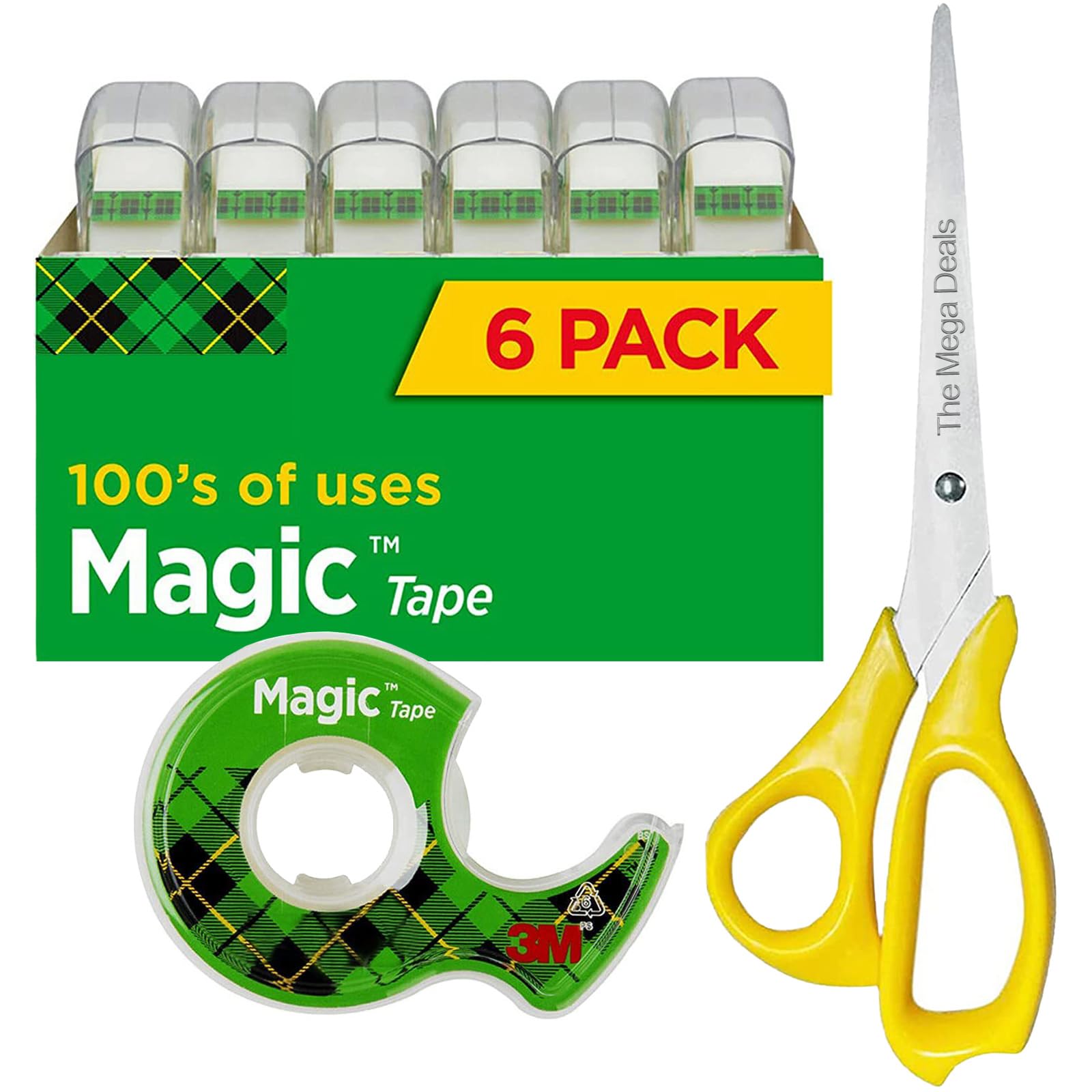 Magic Tape 6 Packs - 3/4 x 300 Inches Clear Invisible Tape with Dispensers & 8 Inch All Purpose Scissors - Perfect for Office, School, Crafting and Gift Wrapping