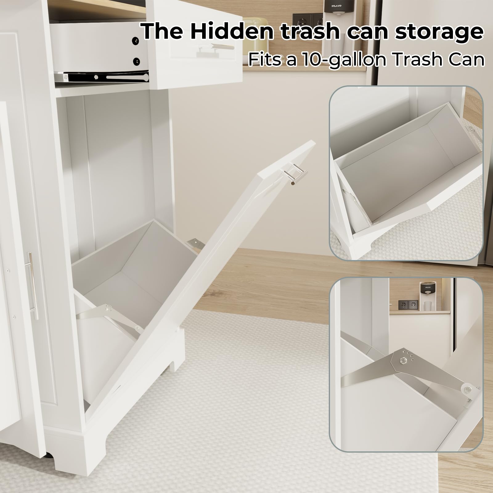 Rovibek White Mobile Kitchen Island Cart with Storage, 3 Drawers & Power Outlet - Rolling Kitchen Organizer with 10-Gallon Trash Can Storage - Perfect for Small Kitchens, Apartments & Outdoor Cooking