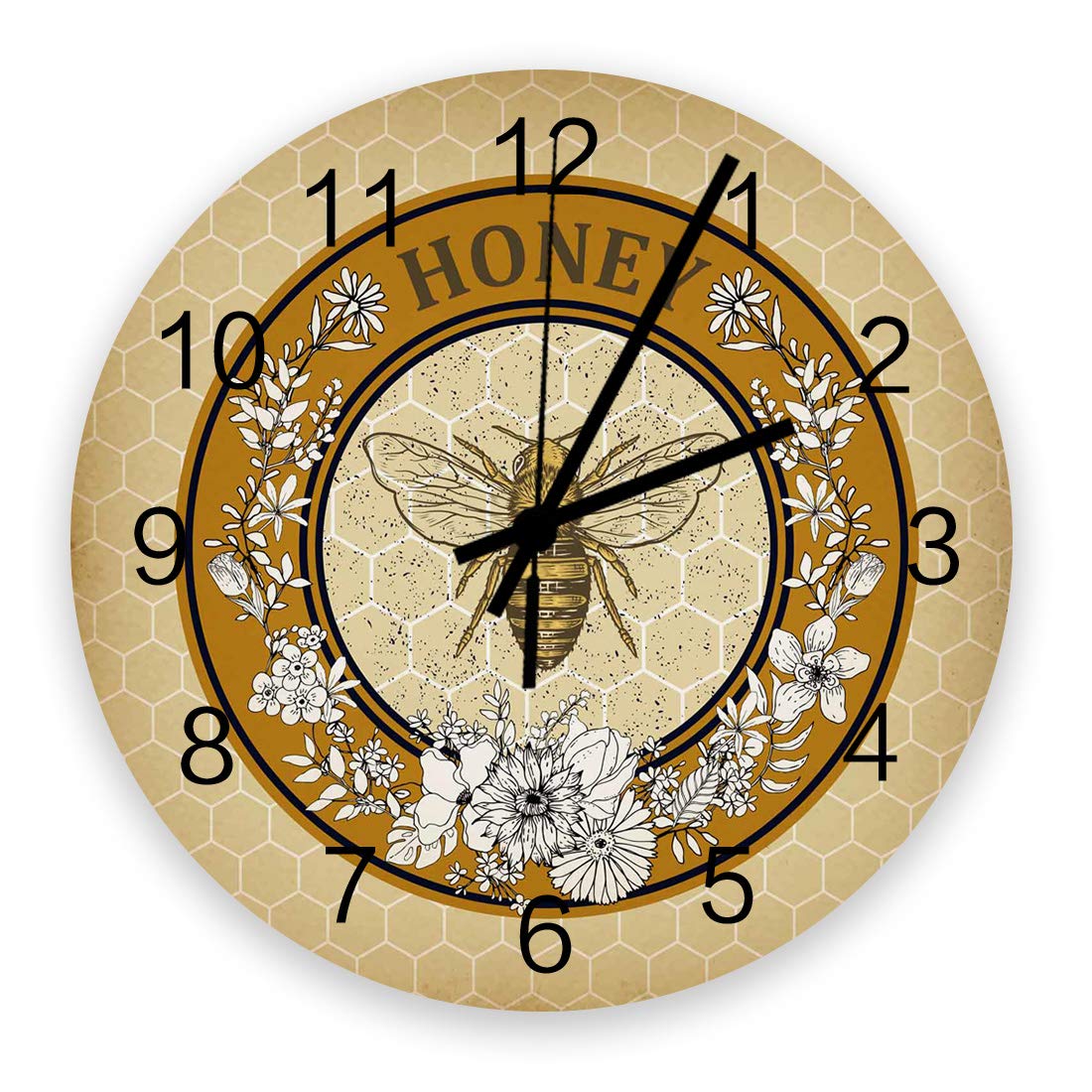 12 Inch Vintage Wooden Round Wall Clock with Floral Bee Hive Design - Silent Non-Ticking Battery Operated Wall Decor for Home, Kitchen, Office - Perfect for Farmhouse, Cottage & Rustic Interiors (12