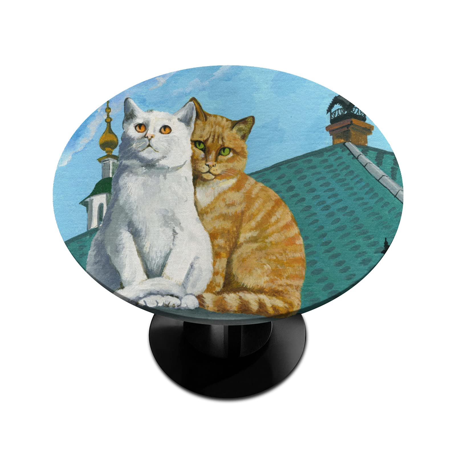Funny Cat Sun Star Print Round Fitted Tablecloth with Elastic Edge - Washable & Spill-Proof Polyester Table Cover for Kitchen, Dining, Party (Fits 45