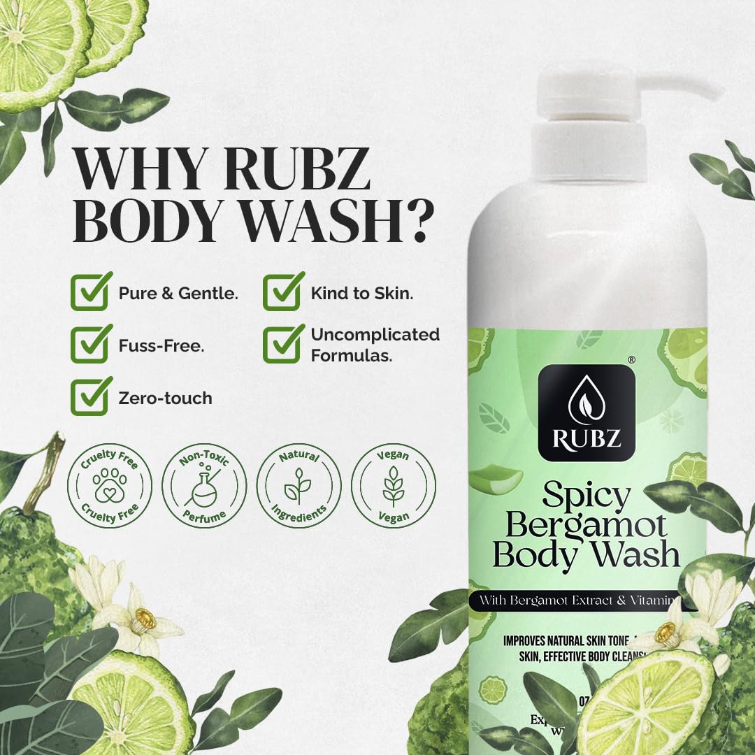 Rubz Spicy Bergamot Body Wash - Glycerin Enriched, Long-Lasting Fragrance | Soap-Free, Paraben-Free & SLS-Free Shower Gel for Women & Men (1L) | Perfect for Daily Use, Sensitive Skin & Aromatherapy Relaxation