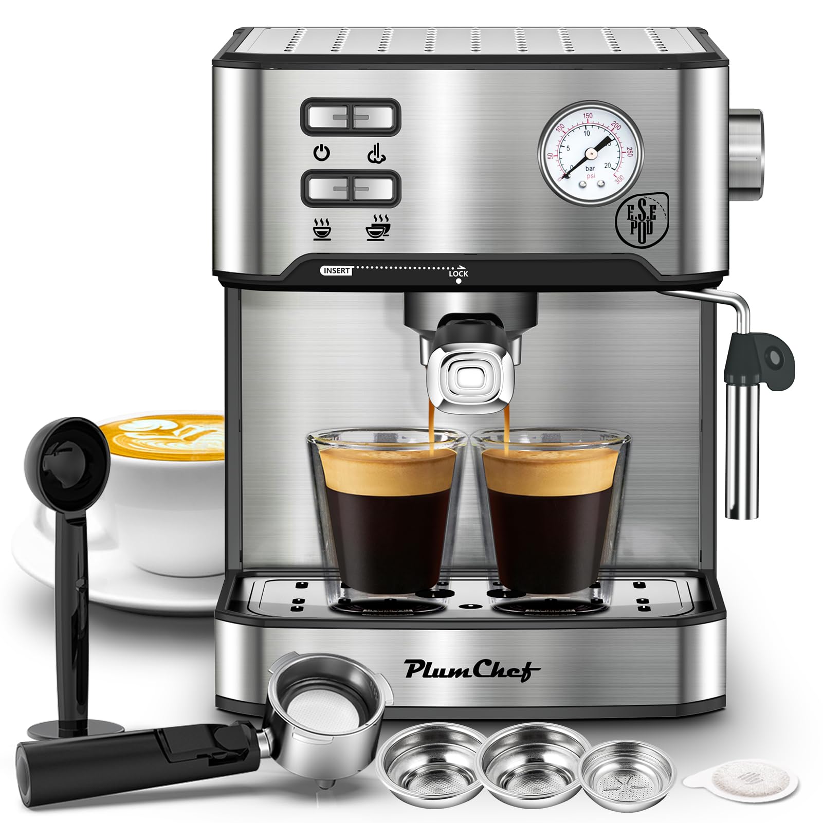 PlumChef Espresso Machine for Home Use - 15 Bar Pressure Coffee Maker with Milk Frother, Steam Wand & 54oz Water Tank - Quiet & Fast Brewing for Cappuccino, Latte - Perfect for Kitchen, Office & Small Spaces