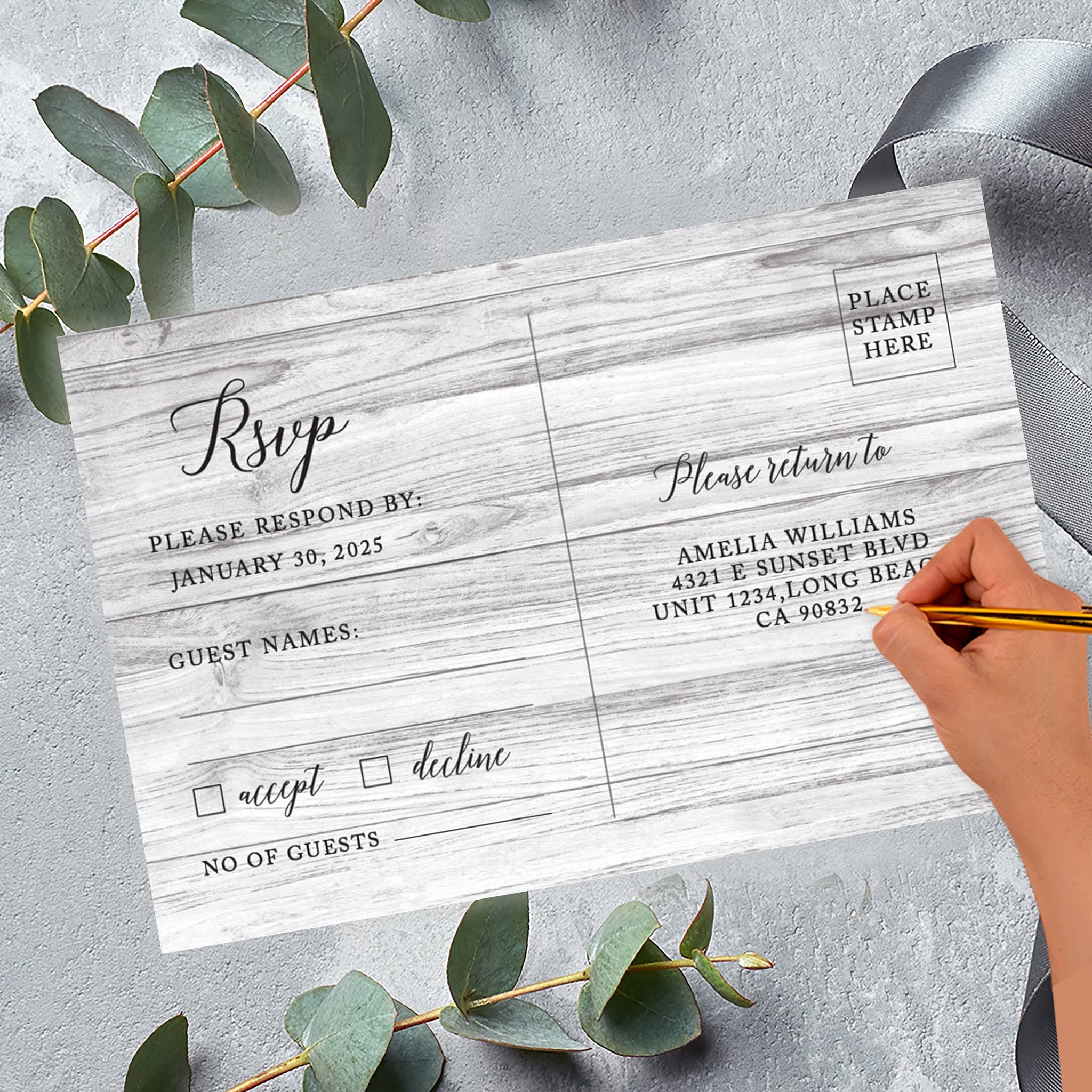 Personalized RSVP Postcards for Wedding - 56-Pack Gray Rustic Wood Cardstock Response Cards - Custom Date & Return Address - 4 x 6 Inch - Perfect for Bridal Showers, Baby Showers & Birthday Events