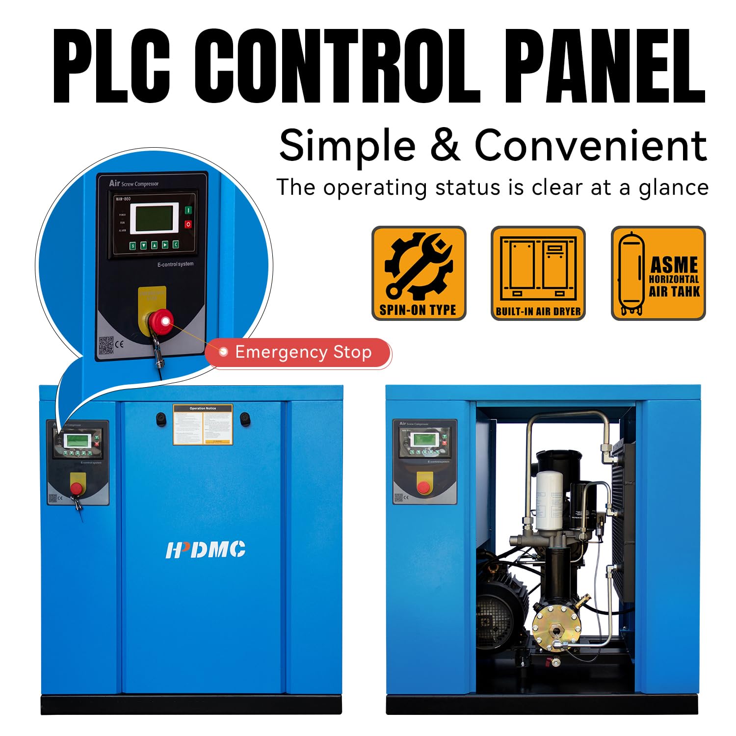 20HP 15KW 208-230V 3-Phase Rotary Screw Air Compressor - 81CFM 125PSI Industrial Stationary System with NPT3/4
