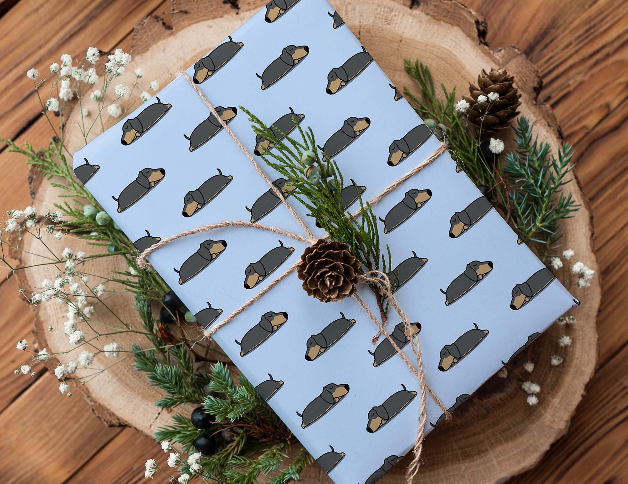 Premium Wiener Dog Gift Wrap - Cute Cartoon Black Brown Dachshund Wrapping Paper for Christmas, Birthday & Party Decorations (20