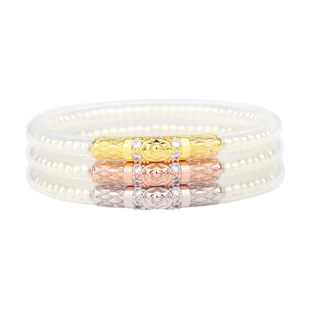 BuDhaGirl All Weather Bangles Set of 3 - White Pearl Adjustable Waterproof Bracelets for Women | Yoga, Travel, Beach & Everyday Wear
