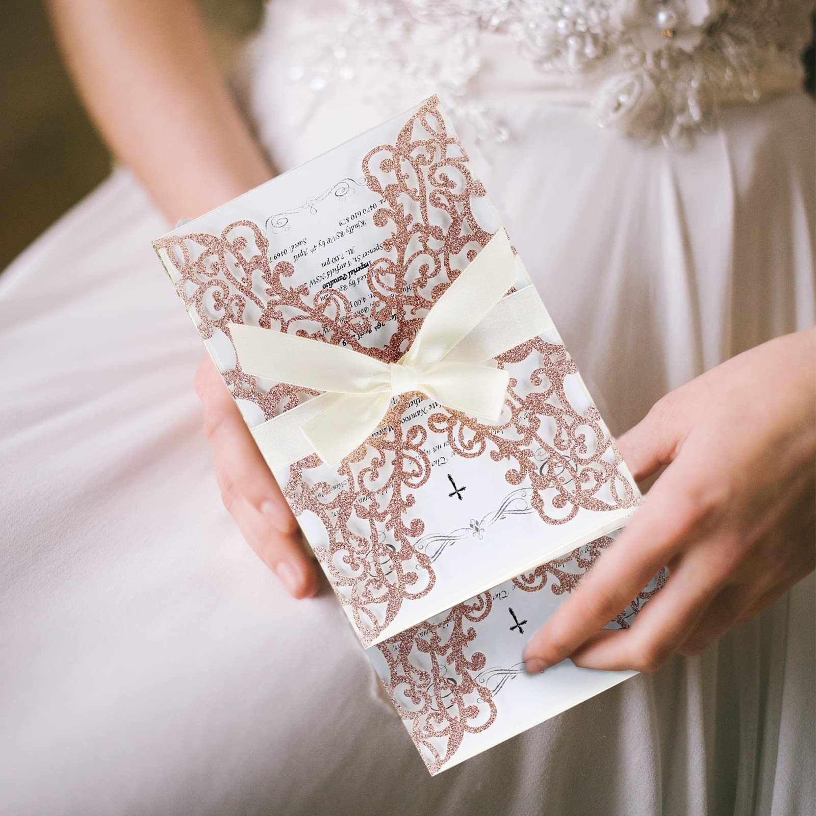 25PCS Rose Gold Wedding Invitations Set - Elegant Laser Cut Floral Design with Gold Powder, Blank Inner Sheets, Envelopes & Ribbons for Wedding, Engagement, Bridal Shower Parties | Perfect for Formal Events & DIY Invitations