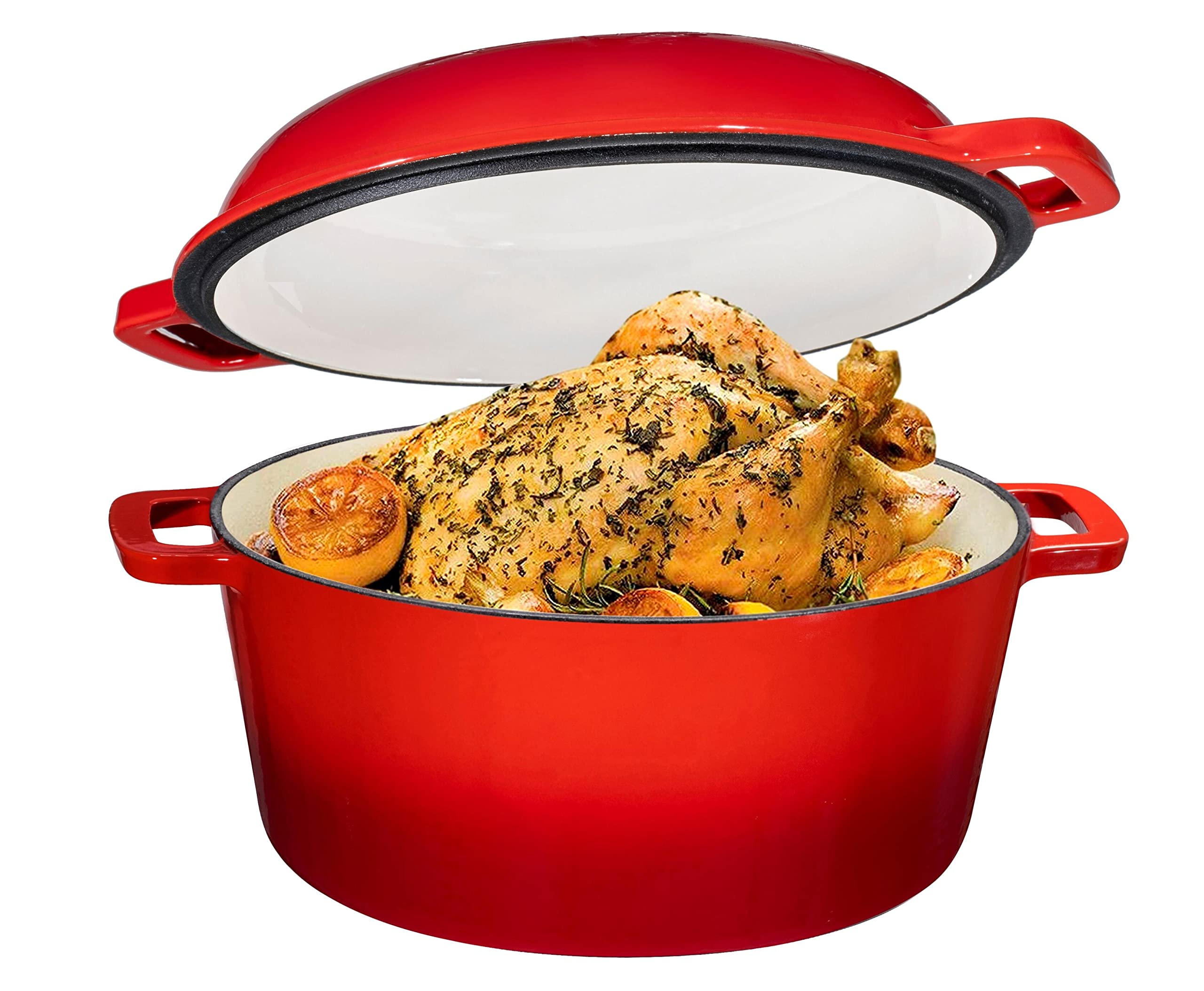 2-in-1 Enameled Cast Iron Dutch Oven with Skillet Lid - 5 Quart Fire Red Cookware for Induction, Gas, Electric & Oven Use - Bruntmor Multi-Cooker for Braising, Baking, Frying & Camping Cooking