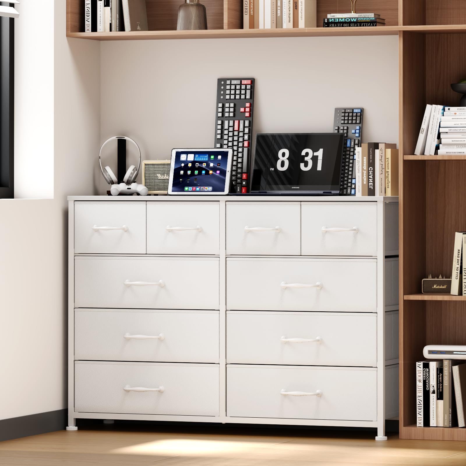 Furnulem White 55-Inch TV Stand Dresser - 10-Drawer Storage Cabinet with Sturdy Metal Frame for Bedroom, Living Room & Entryway | Perfect as TV Stand, Entertainment Center & Tall Storage Organizer