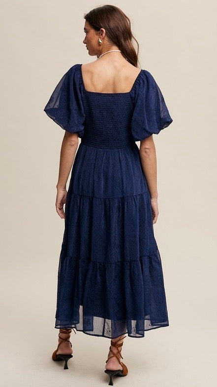 Eloise Puff Sleeve Embroidered Tulle Midi Dress - Elegant Evening Gown for Women in Midnight Blue | Perfect for Weddings, Parties & Special Occasions