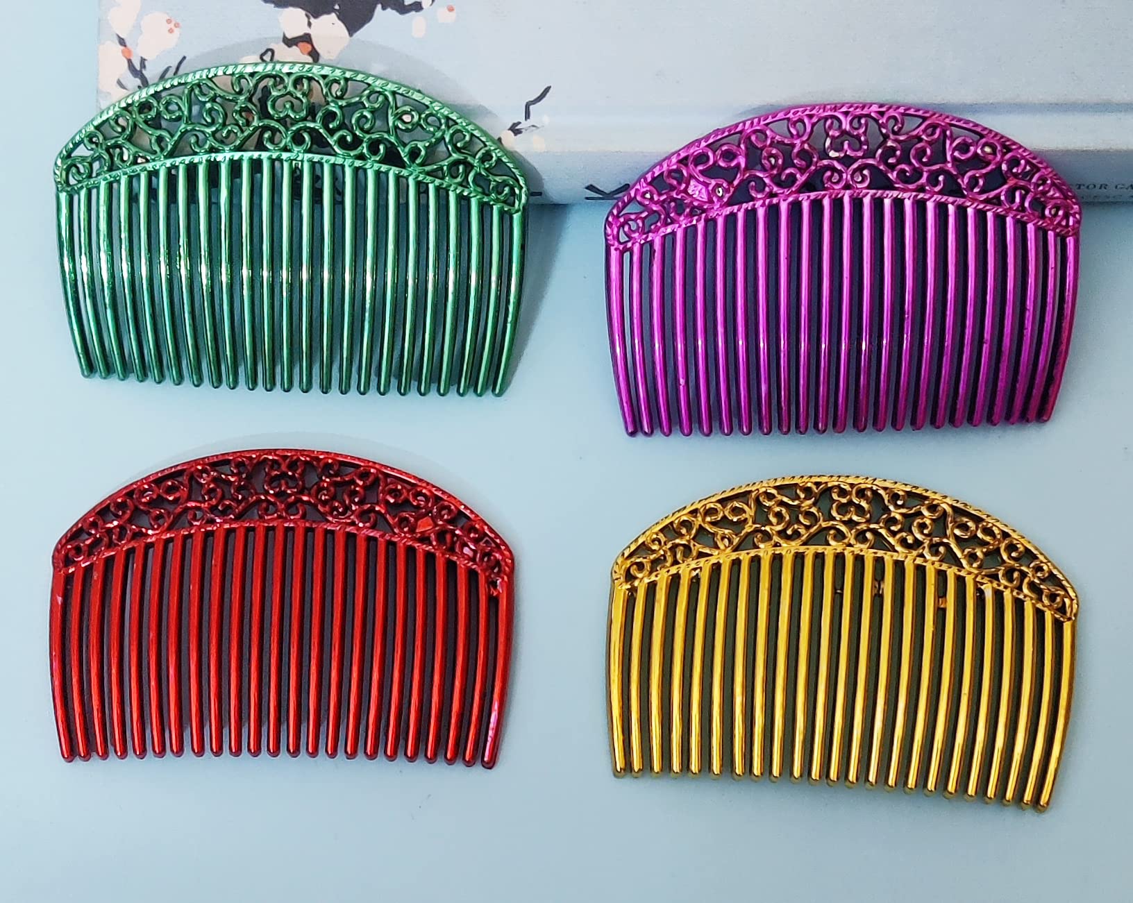 La Belleza 4-Pack Multicolor Studded Acrylic Hair Combs | Bridal Hair Clips, Side Pins, Jooda Pins for Women & Girls – Perfect for Weddings, Parties & Everyday Styling