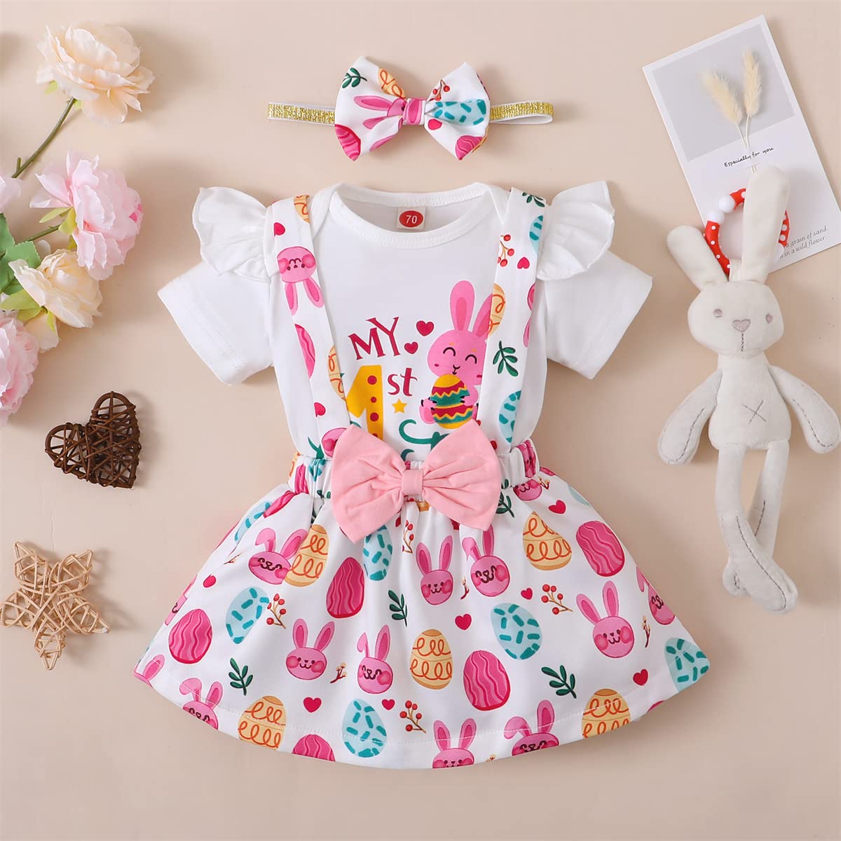 My First Easter Romper Outfit for Baby Girls - Rabbit Suspenders, Skirt & Headband Set - Newborn Photoshoot & Holiday Celebration