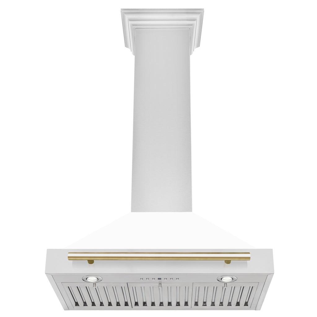 ZLINE KB4STZ WM G Autograph Edition Convertible Stainless Steel Range Hood - White Matte Shell with Polished Gold Accents - Professional Kitchen Ventilation for Modern Homes