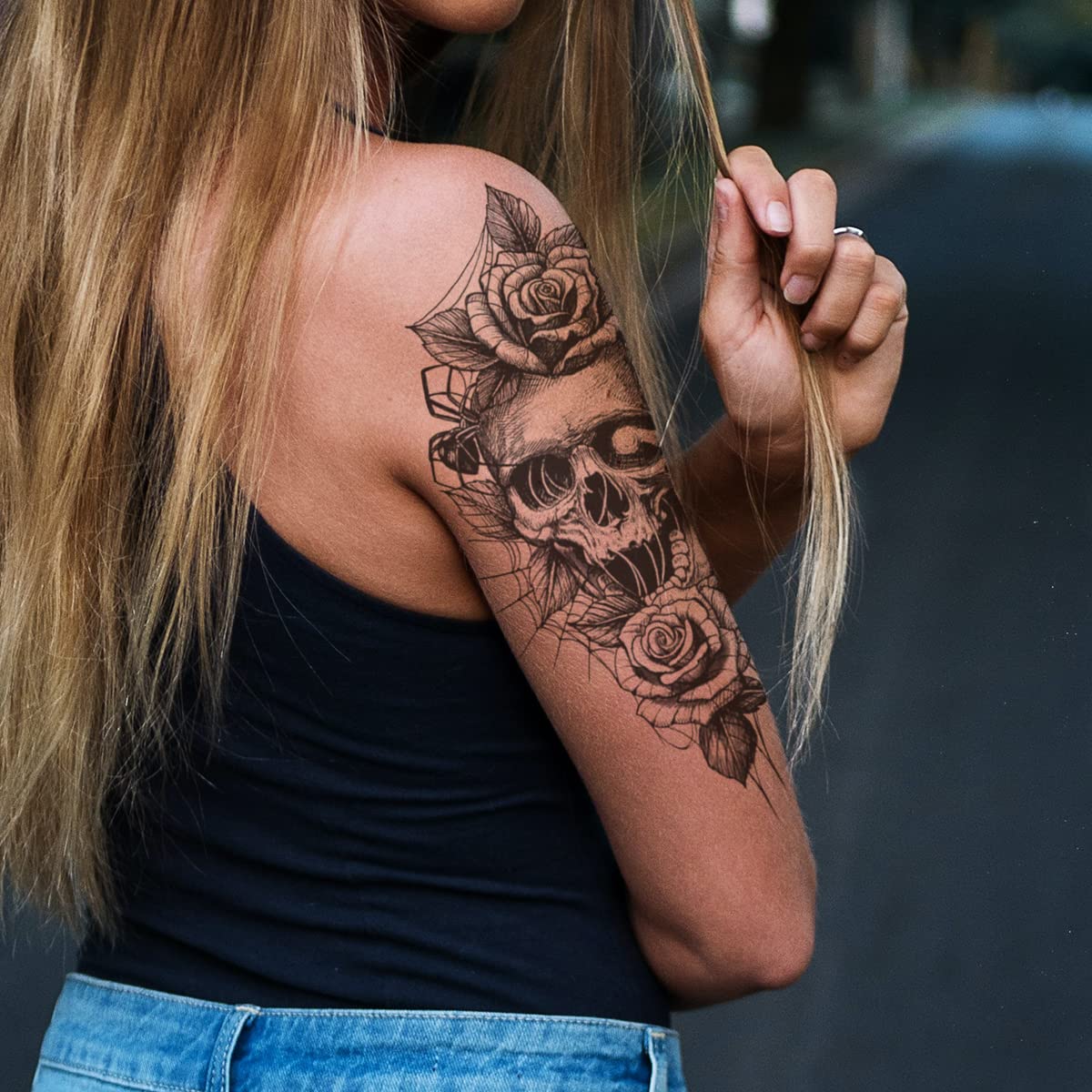 8 Sheets Waterproof Fake Body Art Temporary Tattoos - Skull, Face Flower, Eye, Snake & Bird Wing Designs for Arms & Legs | Perfect for Halloween, Cosplay, Parties & Festivals