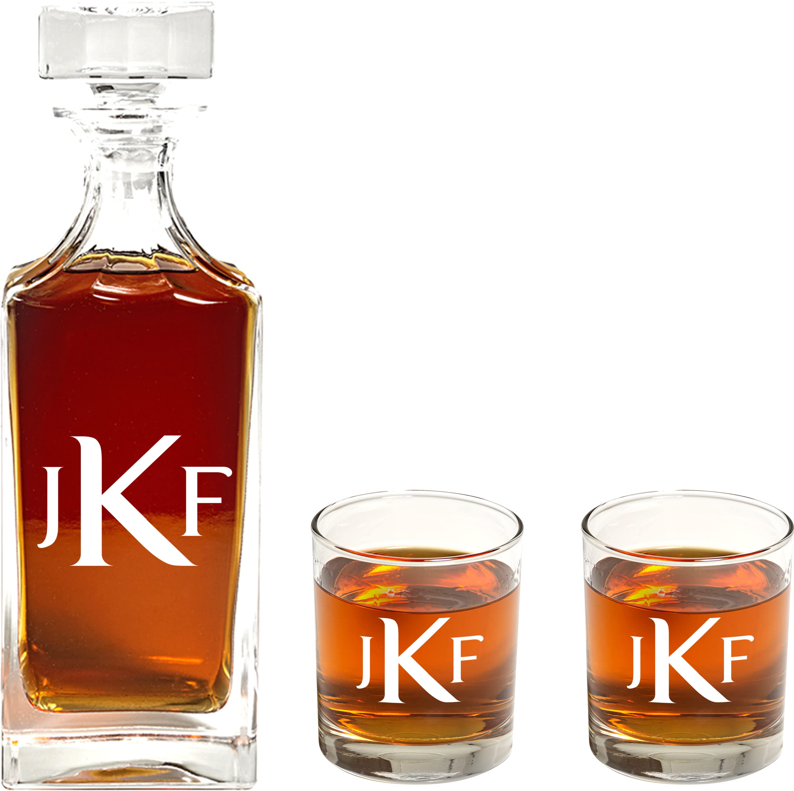 Personalized Monogram Whiskey Decanter Set - 900ml Square Glass Decanter with 2 Engraved Old Fashioned Whiskey Glasses - Perfect for Home Bar, Gifts & Special Occasions
