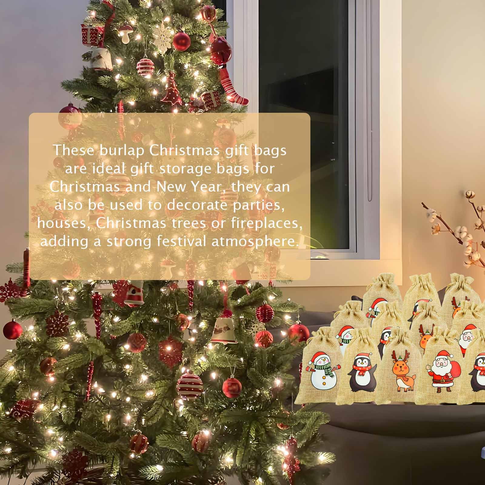 HappyLain 10PCS Christmas Linen Drawstring Bags - Mixed Holiday Gift Bags with Jute Strings (Snowman, Santa, Penguin & Elk Designs) - Perfect for Party Favors, Holiday Treats & Festive Gift Wrapping