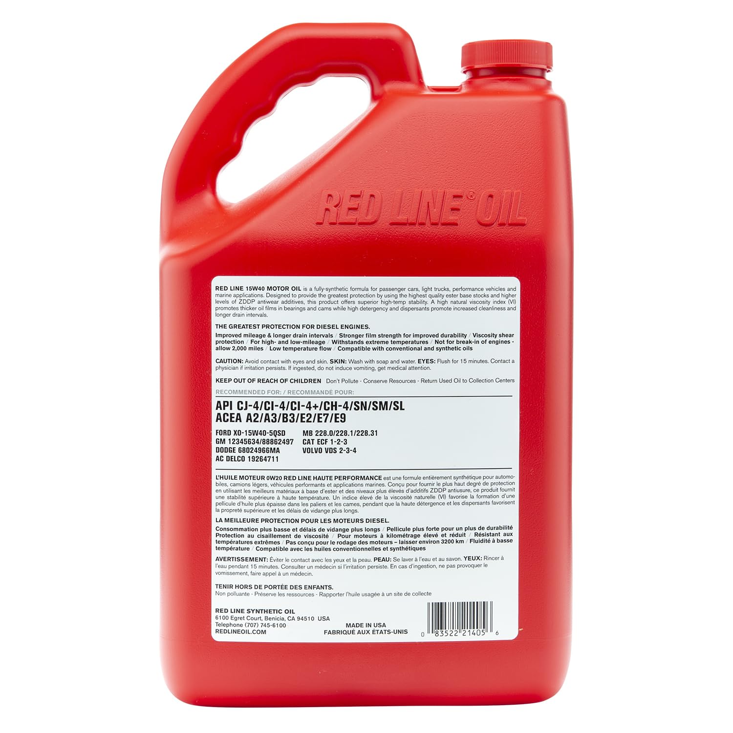 Red Line 21405 15W40 Full Synthetic Diesel Engine Oil - 1 Gallon (4 Pack) | High Performance Motor Oil for Trucks, SUVs & Heavy Duty Vehicles | Extreme Temperature Protection & Engine Cleanliness