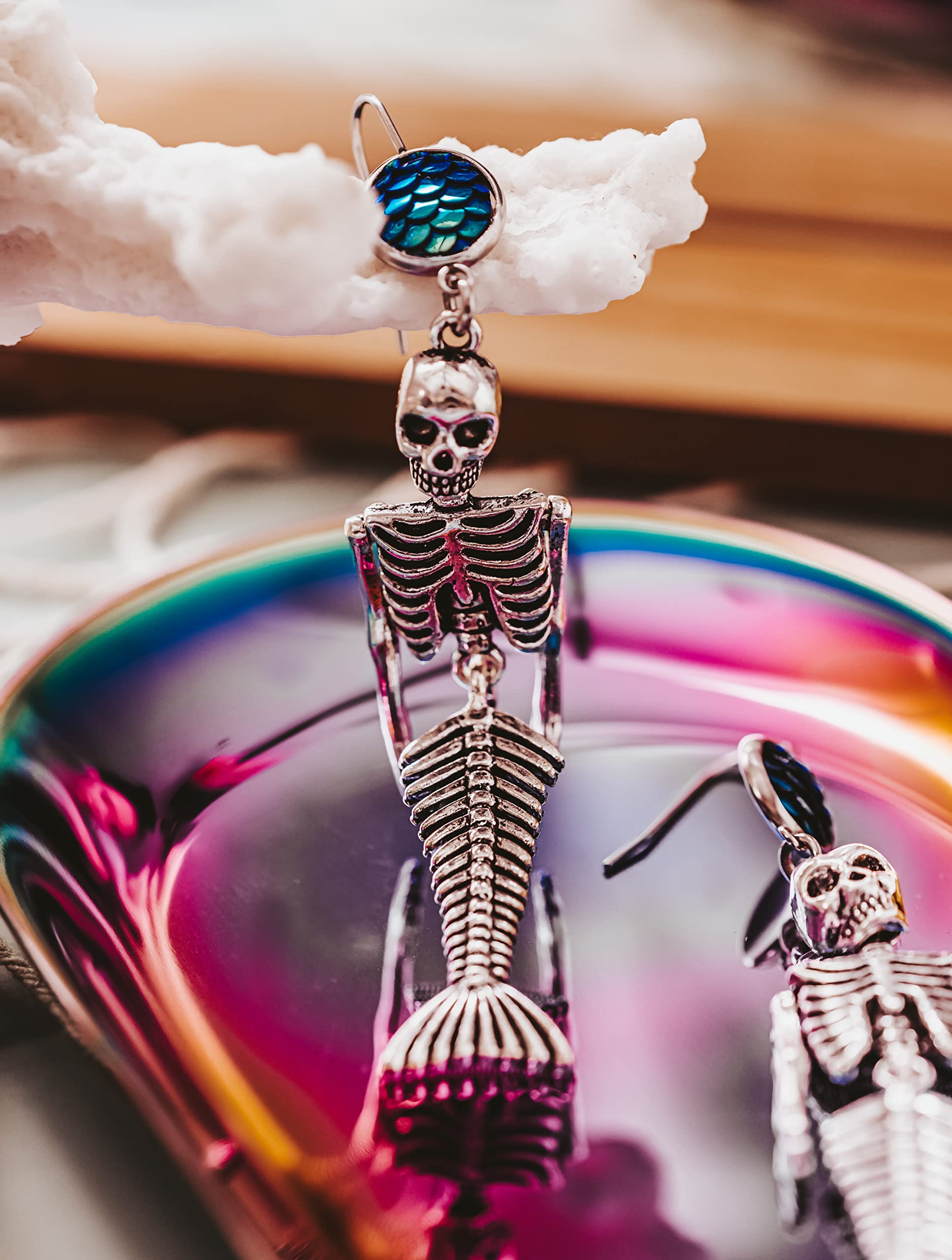 Mermaid Skeleton Dangle Earrings with Scales - Unique Summer & Halloween Jewelry for Women - Perfect for Costume Parties, Beach Vacations, and Gothic Fashion