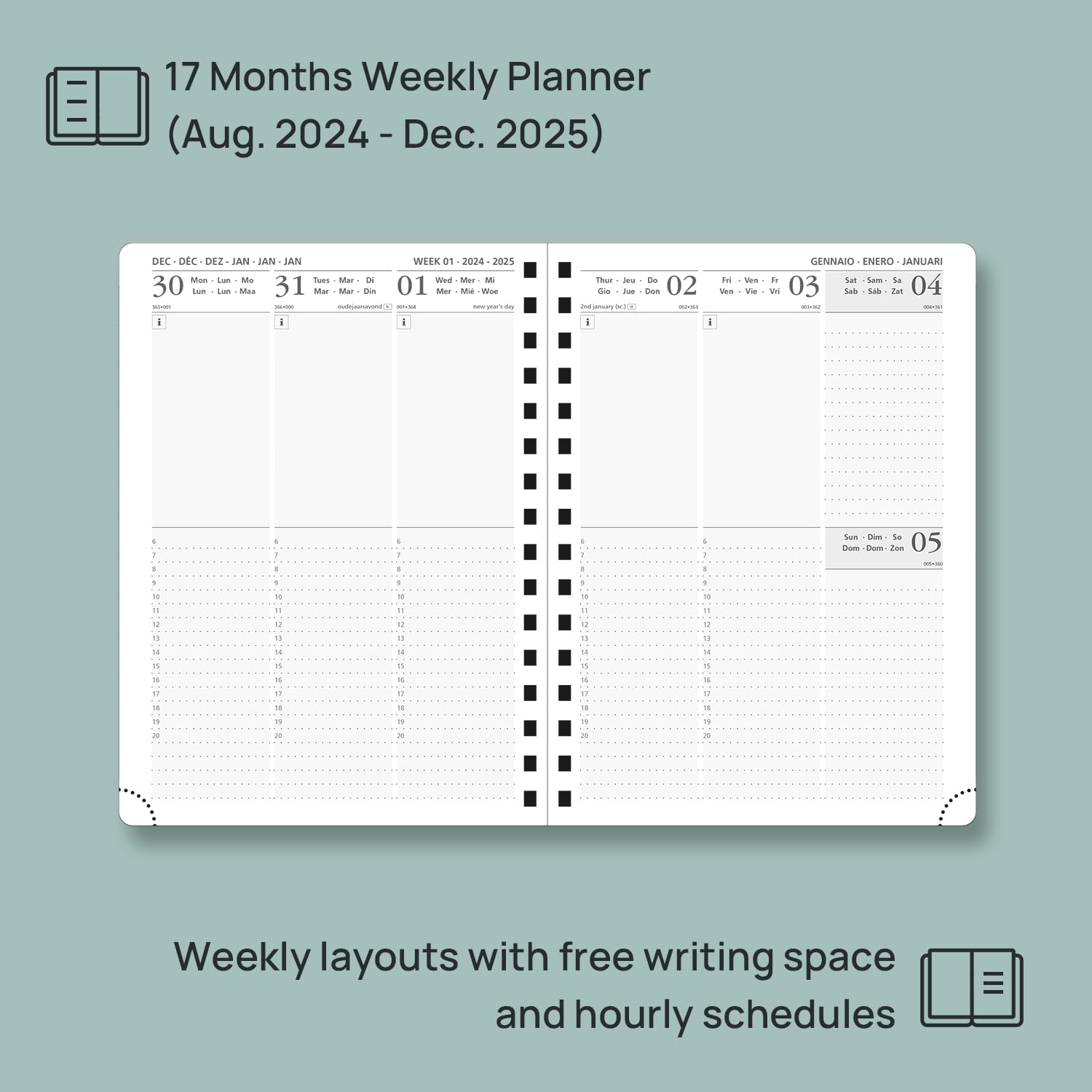 POPRUN 2025 Weekly Planner A5 Size (26.5x21.5 cm) - 17-Month Spiral Bound Diary from August 2024 to December 2025 - Vertical Appointment Book for Work, School & Personal Organization - Black Mid-Year Planner for Professionals & Students
