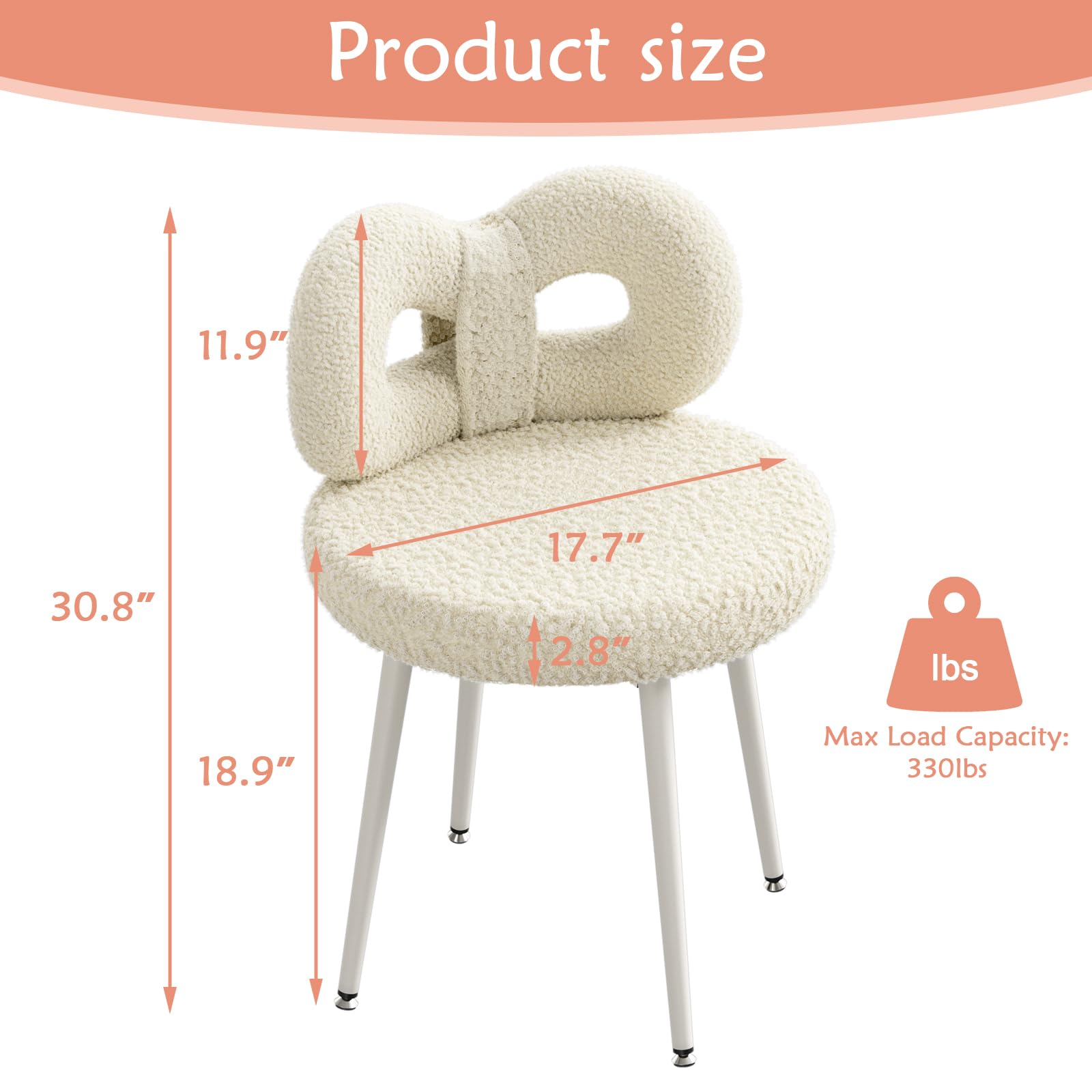 ROOMTEC Small Swivel Vanity Chair with Back - Comfy Armless Makeup Stool for Girls, Modern Bedroom & Living Room Accent Chair for Reading, Dressing Table, Home Office (White)
