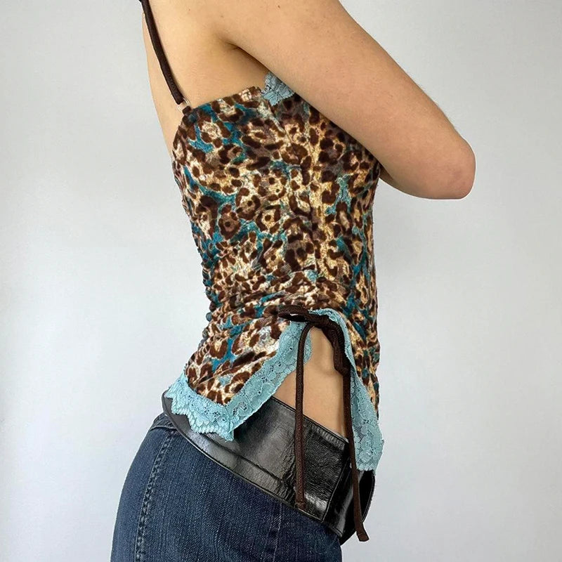 Vintage Asymmetrical Lace Camisole Top - Sexy Y2K Aesthetic Drawstring Crop Top for Women | Leopard Print Sheer Summer Party Top | Perfect for Clubbing, Date Nights & Music Festivals