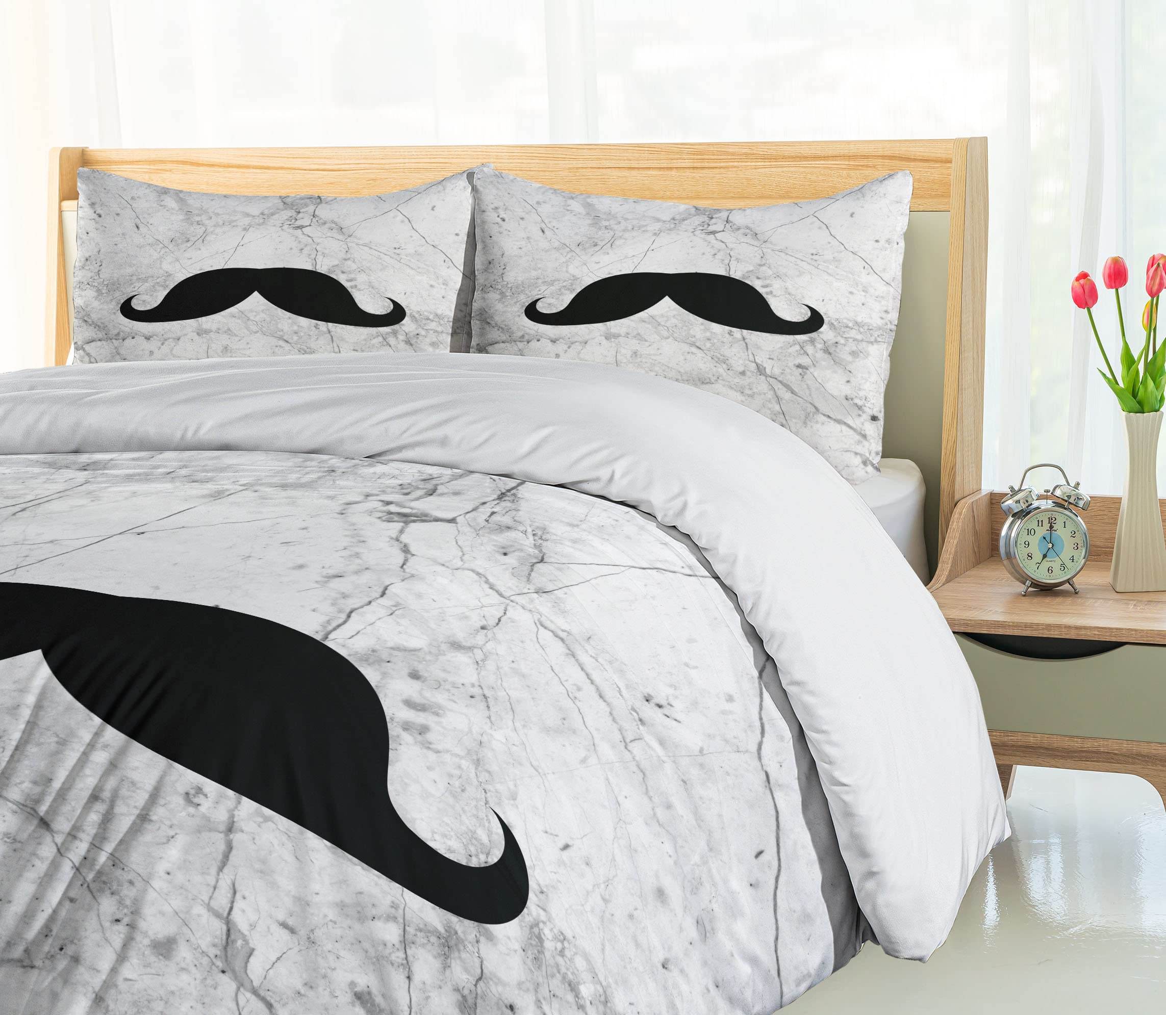 Ambesonne Manly Duvet Cover Set - Retro Mustache Design on Grunge Marble Backdrop, 3-Piece Queen Size Bedding Set with Pillow Shams, Grey Black White | Stylish Home Decor for Men's Bedroom, Perfect Gift for Husband or Boyfriend