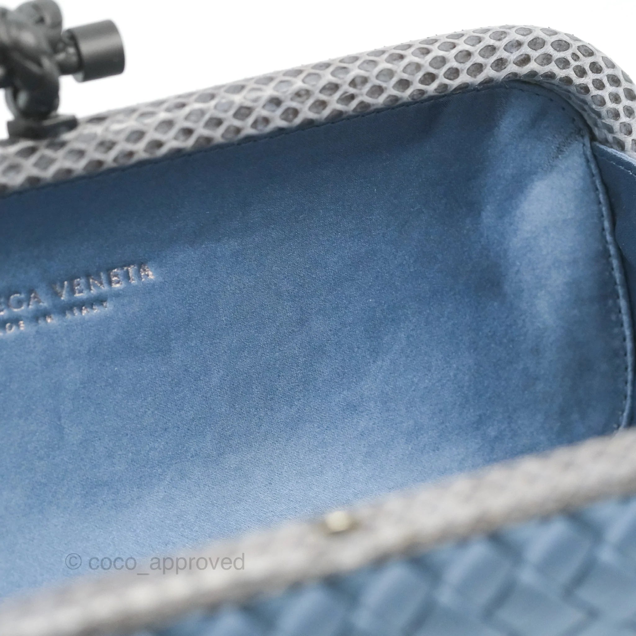 Bottega Veneta Ayers Satin Intreccio Stretch Knot Clutch Bag in Navy Blue | Luxury Evening Clutch for Women | Perfect for Parties, Weddings & Special Occasions