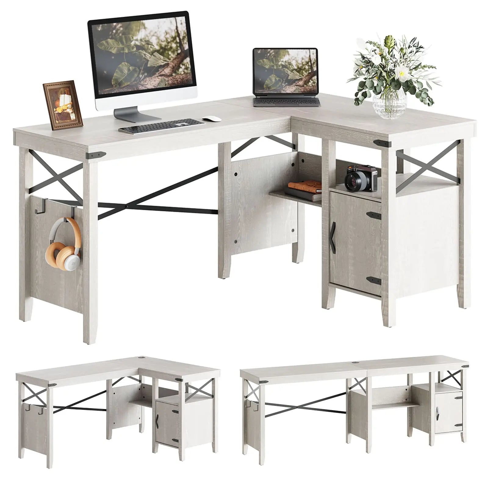 Bestier 60 Inch Farmhouse L-Shaped Computer Desk - Rustic Home Office Desk with Keyboard Tray, Sturdy Writing Workstation for Small Spaces, Perfect for Gaming, Studying & Remote Work