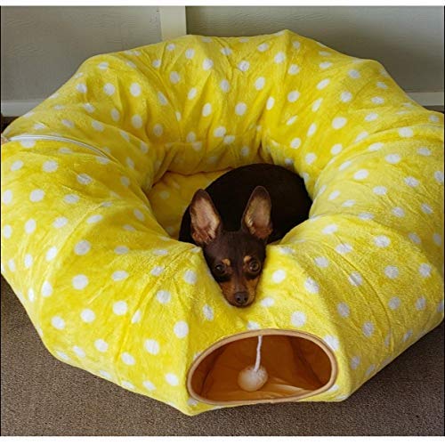AUOON Cat Tunnel Bed with Central Mat - Large Tube Playground Toy for Kittens, Cats, Puppies, Rabbits & Ferrets | Yellow Moon-Shaped Pet Hideout for Under Christmas Tree | Perfect for Playtime, Napping & Indoor Pet Activities