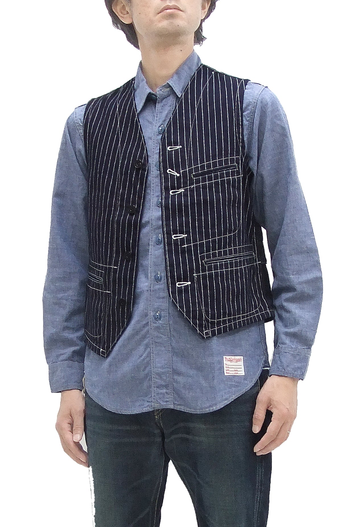 Men's Indigo Wabash Stripe Work Vest - Sugar Cane Casual Waistcoat SC12654 | Durable Cotton for Outdoor Work, Hiking & Vintage Fashion Style